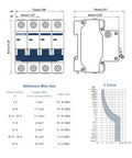 Technical diagram and specifications of DC Miniature Circuit Breaker 4 Pole 1000V 20A Isolator for Solar PV System.