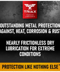 Triax lubricants image with text about metal protection against heat, corrosion, rust, and dry lubrication for extreme conditions.