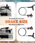 Hydraulic Mountain Bike Disc Brake Set with aluminum lever calipers, front 800mm, rear 1450mm lines shown with weights.