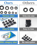 Comparison of Ultimate 630Pcs Quick Lock Internal Tooth Star Washers Set showing variety, storage, and labeling benefits.