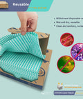 Hand lifting Heavy Duty Reusable Cleaning Cloth from 50 Pack in box, showcasing green pattern, 11.8 x 15.7 Inches size.