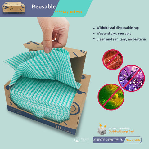 Hand lifting Heavy Duty Reusable Cleaning Cloth from 50 Pack in box, showcasing green pattern, 11.8 x 15.7 Inches size.