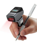 Hand wearing 2D Bluetooth Ring Barcode Scanner With Screen For Left Or Right Hand Wearable QR Code Reader, holding pen