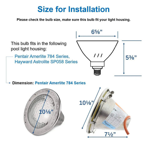 Diagram showing installation size of Color Changing LED Pool Light Bulb For Inground Pools 120V 40W PRO for housing compatibility.