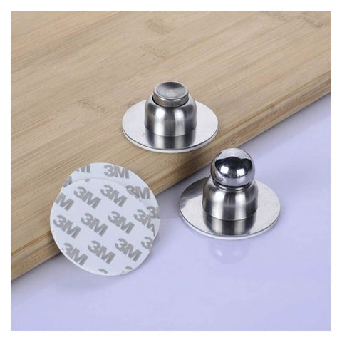 Heavy Duty Stainless Steel Door Stops For Home With Magnetic Noiseless Catch To Hold Doors Open Securely On Walls And Skirting Boards In Bedrooms Bathrooms And Offices, featuring round design and adhesive backing.