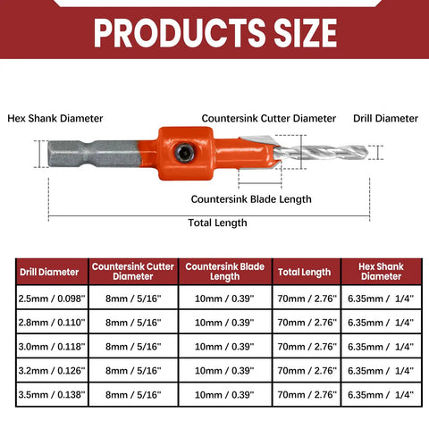 Must Have Pro Grade Countersink Drill Bit Set With Quarter Inch Hex Shank For Woodworking Includes 8mm Cutter Diameter Pilot Hole Chart