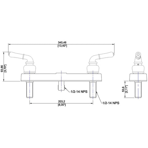 Technical drawing of Two Handle Non Metallic Shower Diverter Valve For Mobile Homes 8 Inch Lever Handles With Washerless Cartridge