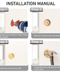 Installation guide for 4 Pack Solid Brass Finger Pulls for Sliding Doors showing drill, hole, pull installation, and fastening steps.