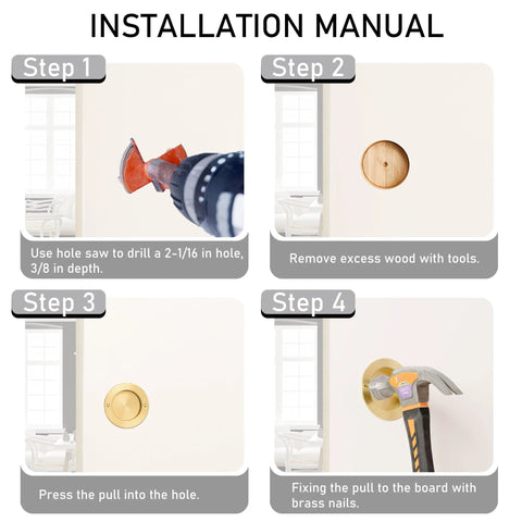 Installation guide for 4 Pack Solid Brass Finger Pulls for Sliding Doors showing drill, hole, pull installation, and fastening steps.