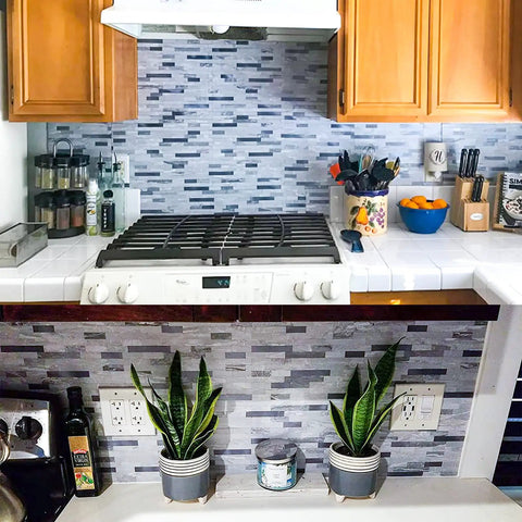 Kitchen with Ten Sheets Peel And Stick No Mess Install Backsplash Subway Tile For Kitchen Fireplace And Bathroom Stone Look Marble Gray Blue Real Textured Lightweight PVC And Aluminum With Easy To Cut And Easy To Clean Finish