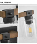 Close-up of 4 Light Farmhouse Bathroom Vanity Light Fixtures with Antique Wood Finish and Clear Glass Shades, details shown