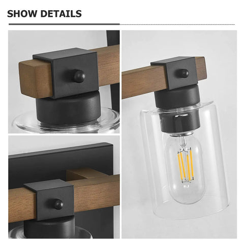 Close-up of 4 Light Farmhouse Bathroom Vanity Light Fixtures with Antique Wood Finish and Clear Glass Shades, details shown