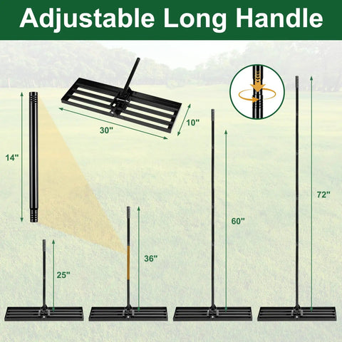 Foldable Lawn Leveling Rake With 72 Inch Adjustable Handle And Detachable Carbon Steel Head for effortless soil grading sizes diagram