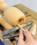 Professional Wood Turning Bowl Gouge Set Includes Three Super Sharp High Speed Steel Blades With Durable Beech Handles and Brass Ferrules in use on wood lathe.