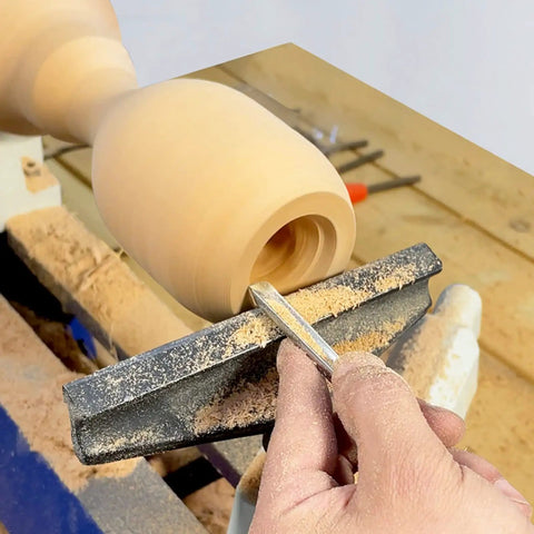 Professional Wood Turning Bowl Gouge Set Includes Three Super Sharp High Speed Steel Blades With Durable Beech Handles and Brass Ferrules in use on wood lathe.