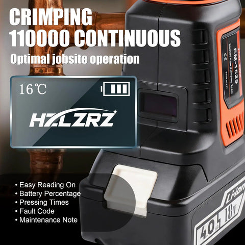 Badass Heavy Duty 18V Brushless Cordless Hydraulic Crimping Tool Kit With Swappable Dies For Fast Copper And Aluminum Cable Lug Terminal Crimping Projects display showing battery percentage and operation details.
