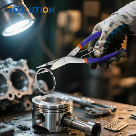 9 Inch Heavy Duty Snap Ring Pliers with Angled Tip used on automotive clutch shafts, durable steel, electrophoretic coating.
