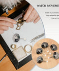Person assembling a watch using the 5-Piece SL68 Quartz Watch Movement Replacement Kit, compact and reliable components shown.