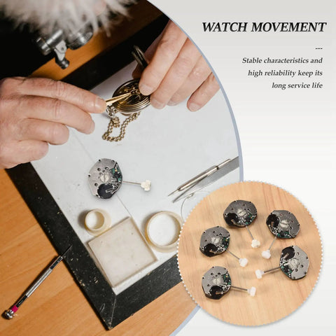 Person assembling a watch using the 5-Piece SL68 Quartz Watch Movement Replacement Kit, compact and reliable components shown.