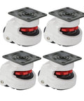 Heavy Duty Workbench Caster Kit Set Of Four Retractable Swivel Wheels With Quick Adjust Leveling Plates showing durable gray casters with red accents.