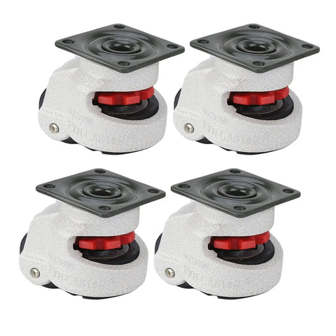 Heavy Duty Workbench Caster Kit Set Of Four Retractable Swivel Wheels With Quick Adjust Leveling Plates showing durable gray casters with red accents.