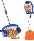 No Sweat Garden Roller Basket For Walnuts Pinecones And Gumballs Large Rolling Cage Sphere Sweeper collecting walnuts in basket.