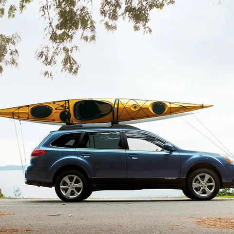 Heavy Duty Ratchet Tie Down Straps Six Pack One Inch Wide By Six Feet Long Black Polyester Cargo Hauling And Motorcycle Tie Downs With Tough As Nails Hardware securing kayak on car roof.