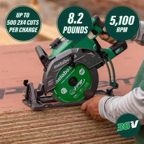Person using 36V Cordless Circular Saw With Brushless Motor Rear Handle 7 1 Quarter Inch Blade Lightest In Its Class on wood