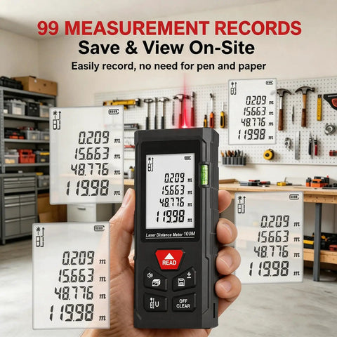 Solid Workhorse Laser Distance Meter With Zero Sweat Measurements Up To Three Twenty Eight Feet And Hella Accurate Plus Two Mm Precision for recording measurements.