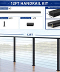 Rock Solid 12 Foot Aluminum Deck Railing Handrail In Matte Black With Rust Proof Powder Coating For Lake Homes And Waterfront Walkways Straightforward No Sweat Installation All Season Long with three aluminum handrails and accessories shown.