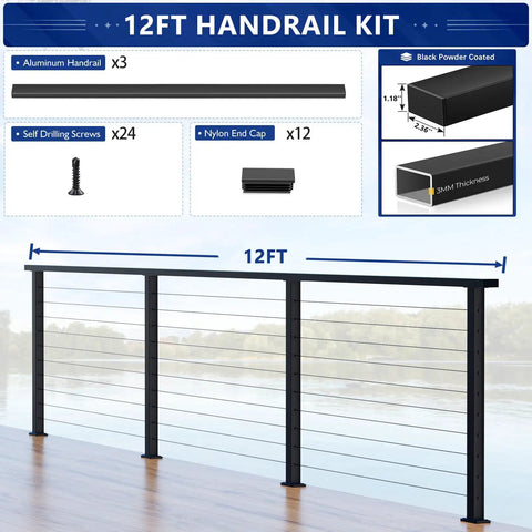 Rock Solid 12 Foot Aluminum Deck Railing Handrail In Matte Black With Rust Proof Powder Coating For Lake Homes And Waterfront Walkways Straightforward No Sweat Installation All Season Long with three aluminum handrails and accessories shown.