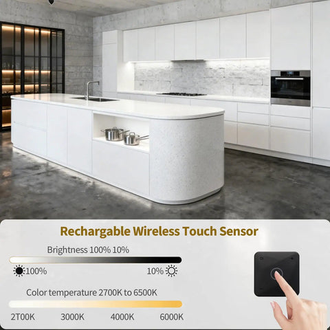Modern kitchen with Linkable 15 Foot CCT COB LED Light Bar Kit With 12 Bars 2700K To 6500K and touch sensor for brightness control.