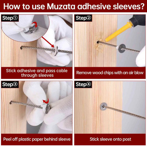 Step-by-step guide to installing 20 Pack Decorative Cable Railing Sleeve Protectors with Adhesive Grommets for wood or metal posts.