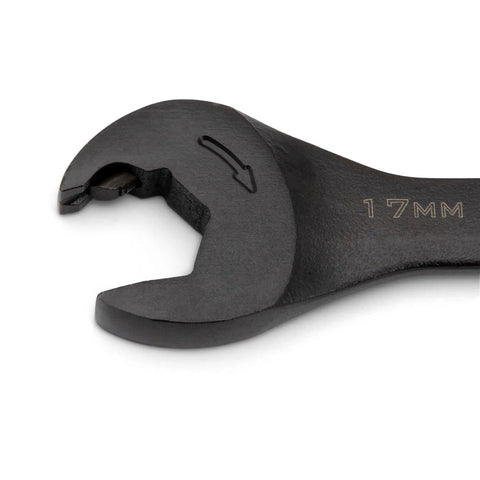 Close-up of 17mm X6 Black Oxide Spline Open End Ratcheting Metric Wrench Set 7 Pieces Lets You Spin Nuts Without Losing The Grip