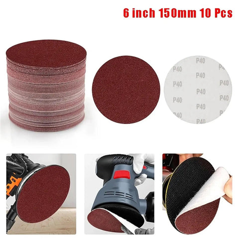 Get Your Project Done With A Killer 10-Pack Of 6-Inch Sanding Discs Featuring Hook And Loop Backing Across Grits Ranging From Rough 40 To Ultra-Smooth 2000 with close-up of discs.