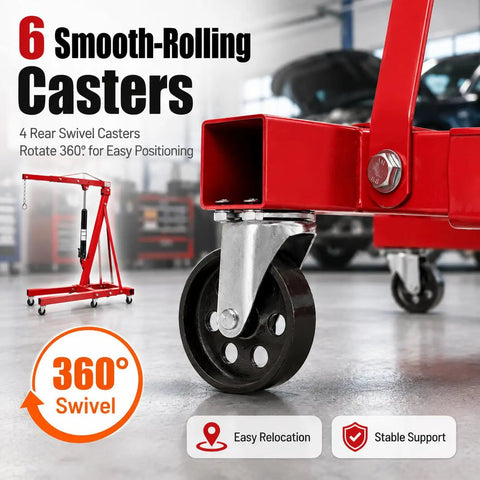 6 Smooth-Rolling Casters for Built Tough 2 Ton Hydraulic Engine Hoist, showcasing 360° swivel for easy maneuverability.