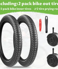 2 Pack 20 Inch Bike Tires Set With 20x2.1 And 20x2.0 Inner Tube Options displayed with prying rods and inner tubes, black.