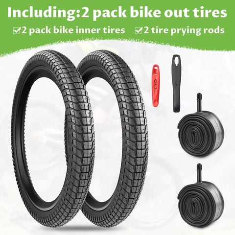 2 Pack 20 Inch Bike Tires Set With 20x2.1 And 20x2.0 Inner Tube Options displayed with prying rods and inner tubes, black.