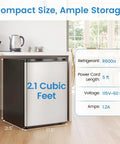 Compact 2.1 Cu Ft Upright Freezer With Reversible Door And Adjustable Thermostat For Dorms And Apartments dimensions and features displayed.