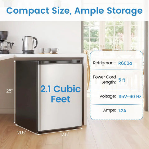 Compact 2.1 Cu Ft Upright Freezer With Reversible Door And Adjustable Thermostat For Dorms And Apartments dimensions and features displayed.