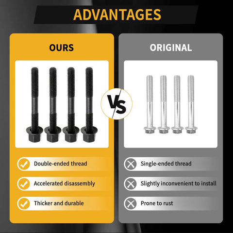Comparison of Heavy Duty Alloy Steel Cylinder Head Studs With Thickened Flange Nuts Kit, showing advantages over original design.