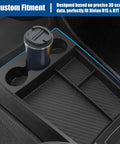 Lower Center Console Organizer for 2022 2026 Rivian R1T and R1S Custom Fit Floor Console Tray With Cup Holder Extra Bottle Slots Easy Access Storage Insert Practical Car Accessories installed with cup in holder