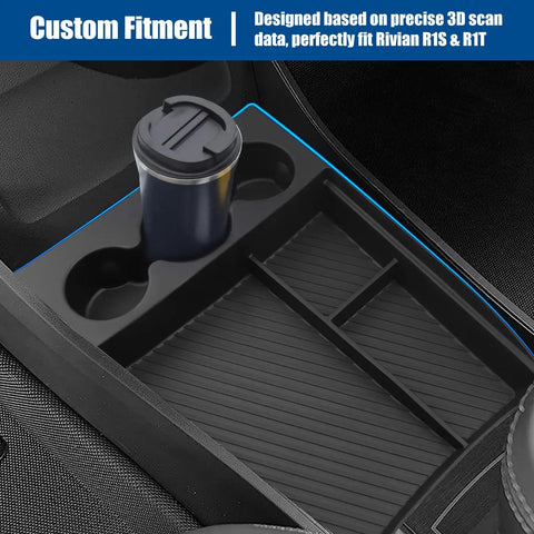 Lower Center Console Organizer for 2022 2026 Rivian R1T and R1S Custom Fit Floor Console Tray With Cup Holder Extra Bottle Slots Easy Access Storage Insert Practical Car Accessories installed with cup in holder