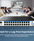 24-Port Workhorse Gigabit Ethernet Switch with Plug and Play Setup displayed in a conference room. Smart managed network hub with QoS.