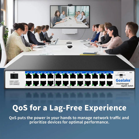24-Port Workhorse Gigabit Ethernet Switch with Plug and Play Setup displayed in a conference room. Smart managed network hub with QoS.