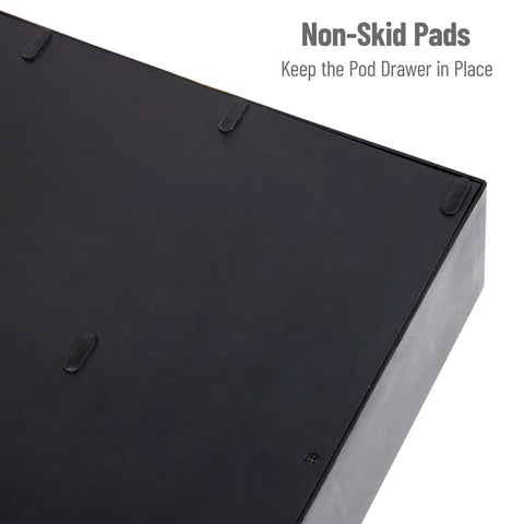 Close-up of non-skid pads on black 72 Pod Coffee Drawer Organizer With Two Tier Storage For Single Serve Pods Countertop Base