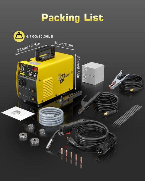 160 Amp 110V Multi Purpose MIG TIG Stick Welder 4 In 1 with cables, attachments, and accessories shown with dimensions