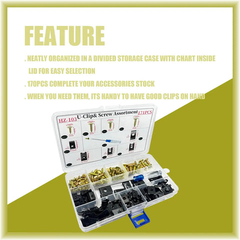 170 Piece Car Trim Fastener Kit Featuring Beefed Up U Clips And Phillips Screws Auto Body Panel Repair organized in divided case