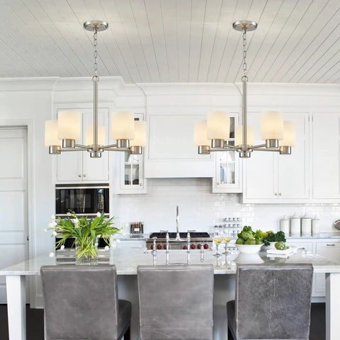 Kitchen with modern chandeliers and white cabinets, Five Light Bathroom Vanity Light Fixture Over Mirror In Brushed Nickel With E26 Base