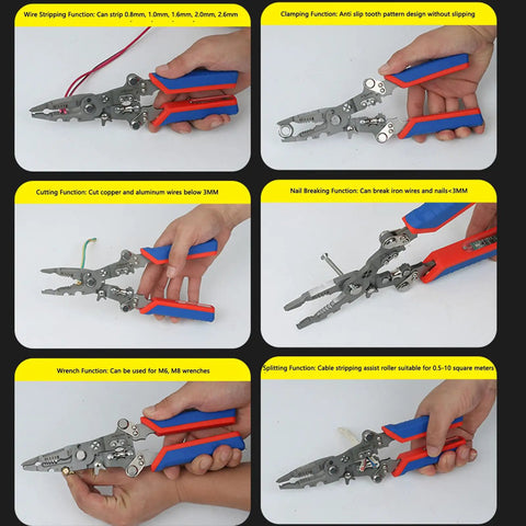 Ftvogue 16 In 1 Multifunctional Wire Stripping Pliers Folding Tool used for wire stripping, cutting, clamping, and wrenching.